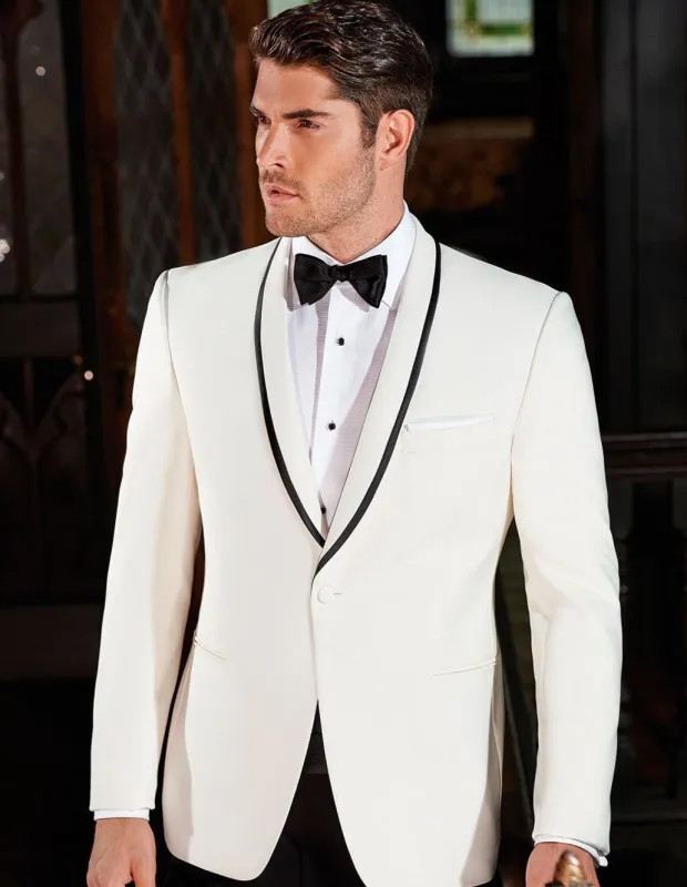 Mens Designer Charles Shawl Dinner Jacket in Ivory with Black Trim made by Alberto Nardoni