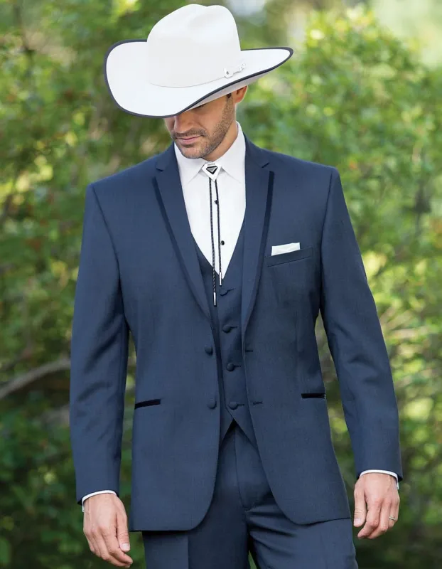 Men Two Button Vested Satin Trim Lapel Cowboy Tuxedo in Navy sold by Alberto Nardoni