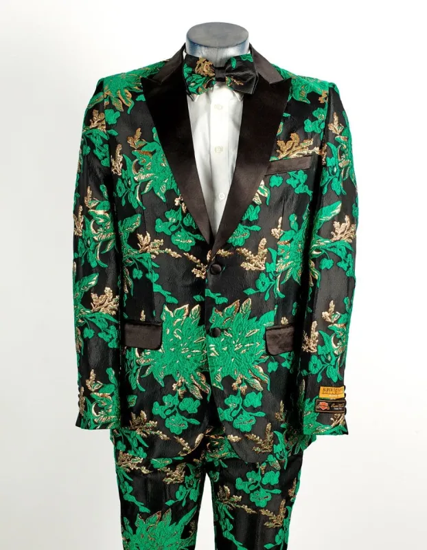 Floral Suit Hunter Green, Gold, & Black Floral Tuxedo Prom Suit $199 sold by Alberto Nardoni