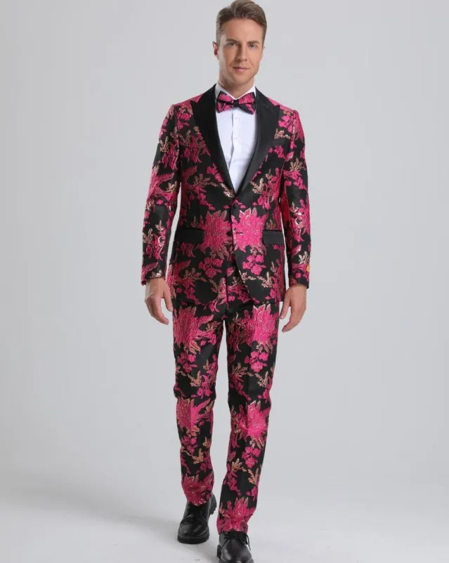 Floral Suit Fuchsia Pink & Black Floral Tuxedo Prom Suit $199 sold by Alberto Nardoni