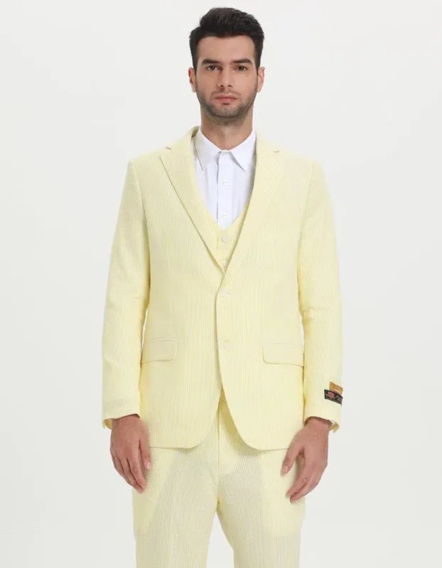 Mens Vested Summer Seersucker Suit in Yellow Pinstripe sold by Alberto Nardoni
