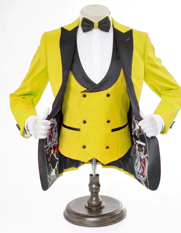 Mens 2 Button Peak Lapel Prom Tuxedo with Double Breasted Vest in Yellow sold by Alberto Nardoni