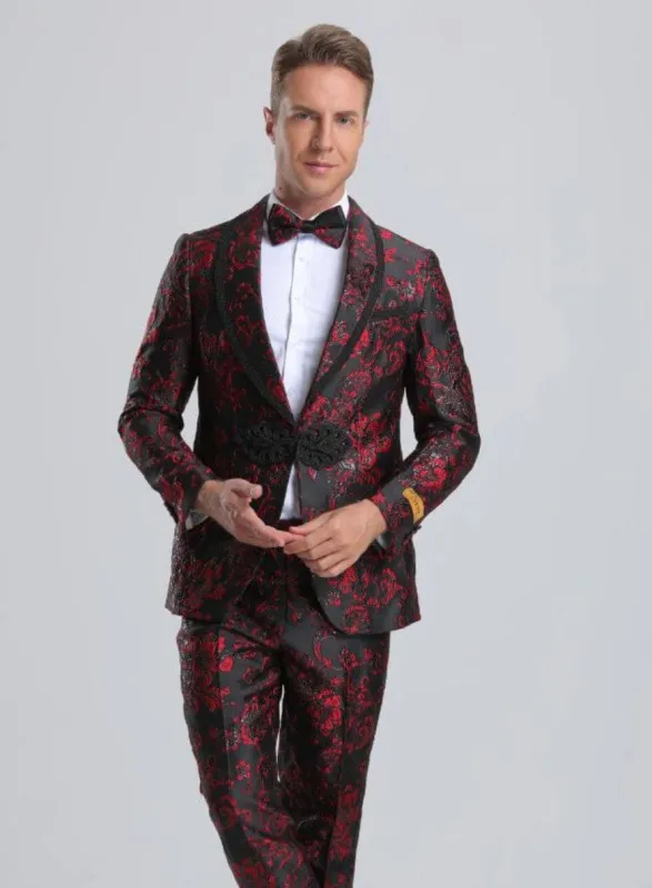 Men's Fancy Black & Red Floral Paisley Prom Tuxedo with Red Trim sold by Alberto Nardoni