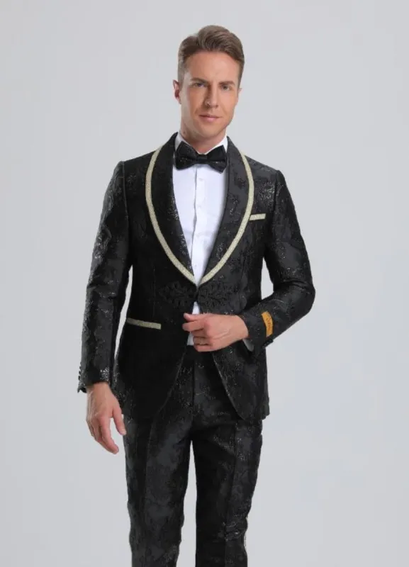 Men's Fancy Black Floral Paisley Prom Tuxedo with Gold Trim sold by Alberto Nardoni