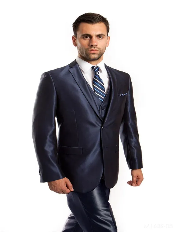 Navy Sharkskin Suit Mens Tazio Vested Slim Fit Shiny Sharkskin Suit in Navy sold by Alberto Nardoni