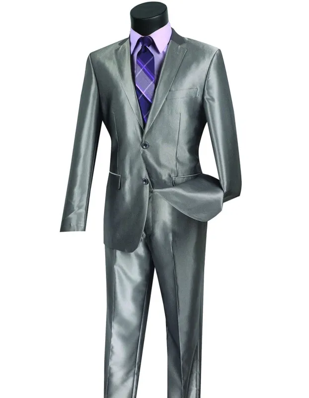 Mens Modern Fit Shiny Sharkskin Suit in Silver Grey sold by Alberto Nardoni