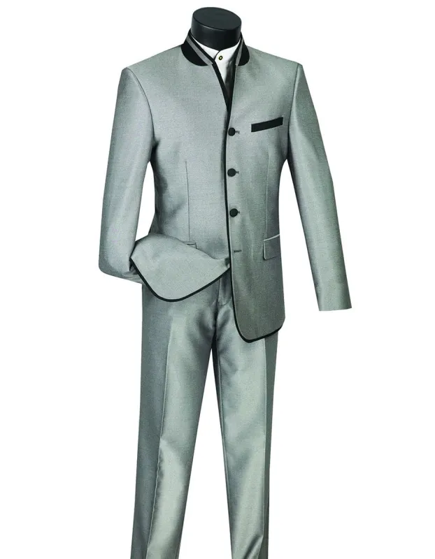 Mens 4 button Mandarin Tuxedo in Sharkskin Silver Grey with Black Trim sold by Alberto Nardoni