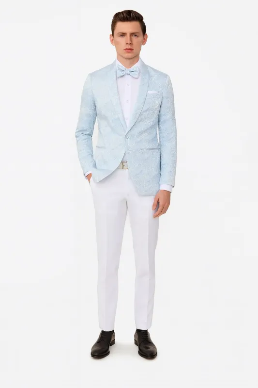 Mens Light Blue Paisley Tuxedo Jacket with Matching Bow Tie – Slim Fit Blazer for Weddings, Prom, and Formal Events sold by Alberto Nardoni