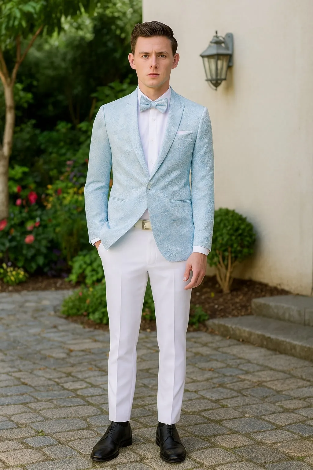 Mens Light Blue Paisley Tuxedo Jacket with Matching Bow Tie - Slim Fit Blazer for Weddings, Prom, and Formal Events sold by Alberto Nardoni product image thumbnail 4