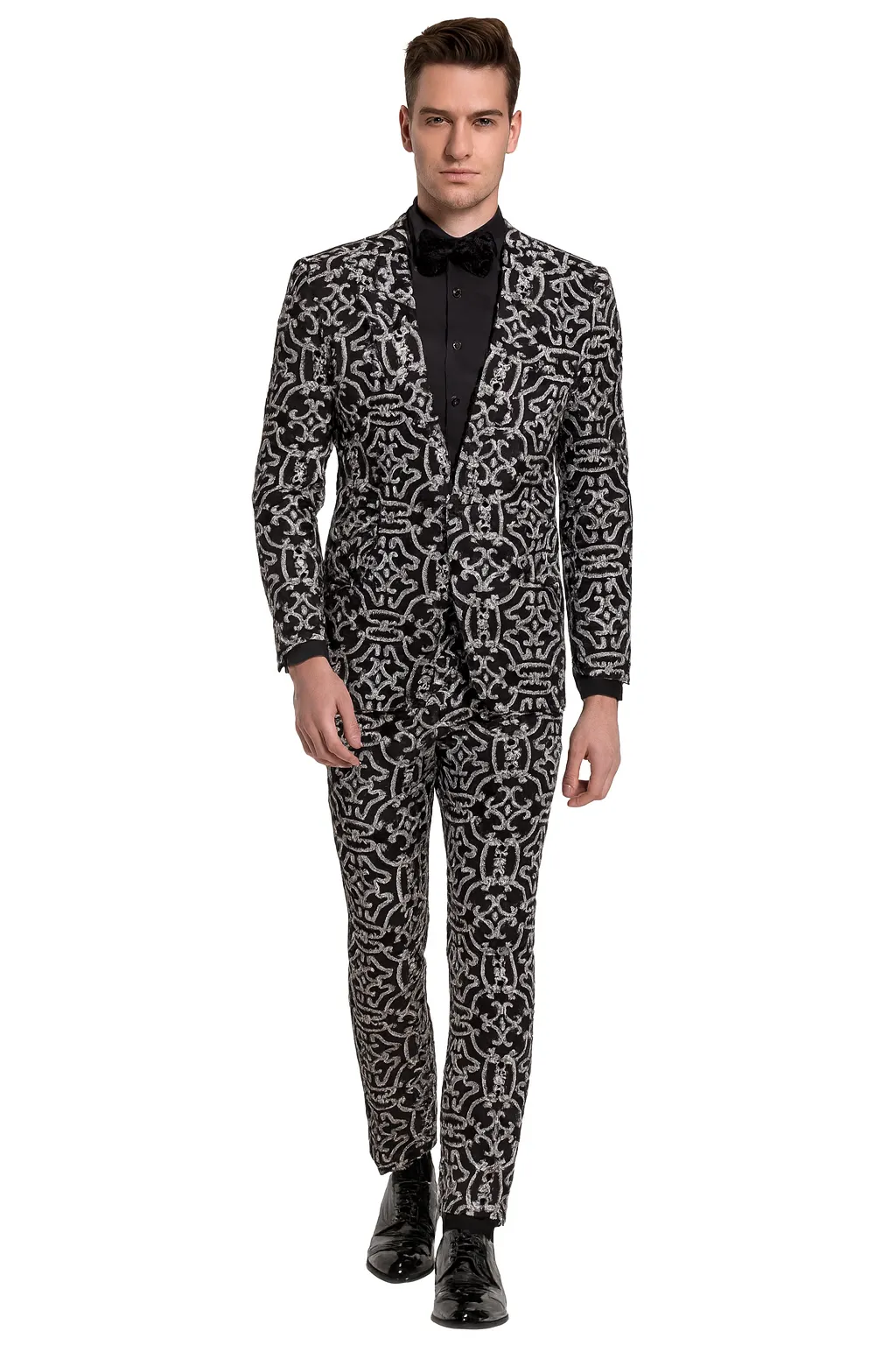 Mens Black and Silver Sequin Tuxedo Slim Fit 2-Piece Party and Wedding Suit with Sparkling Design- Black and White Color sold by Alberto Nardoni product image thumbnail 5