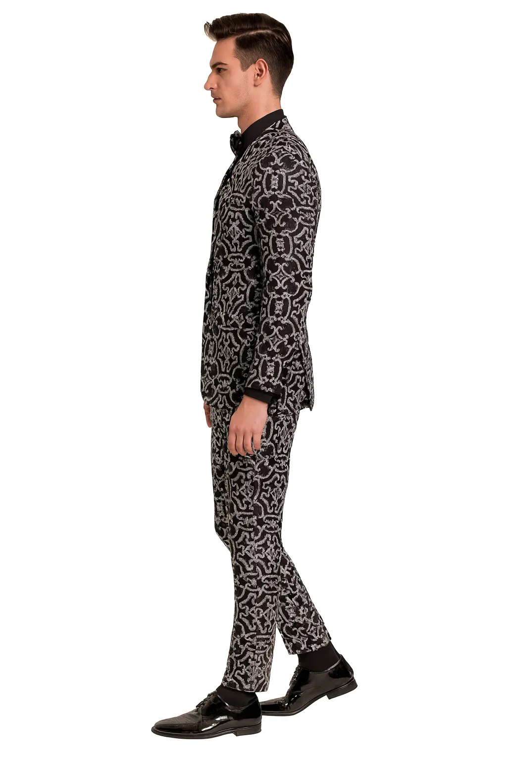 Mens Black and Silver Sequin Tuxedo Slim Fit 2-Piece Party and Wedding Suit with Sparkling Design- Black and White Color sold by Alberto Nardoni product image thumbnail 2