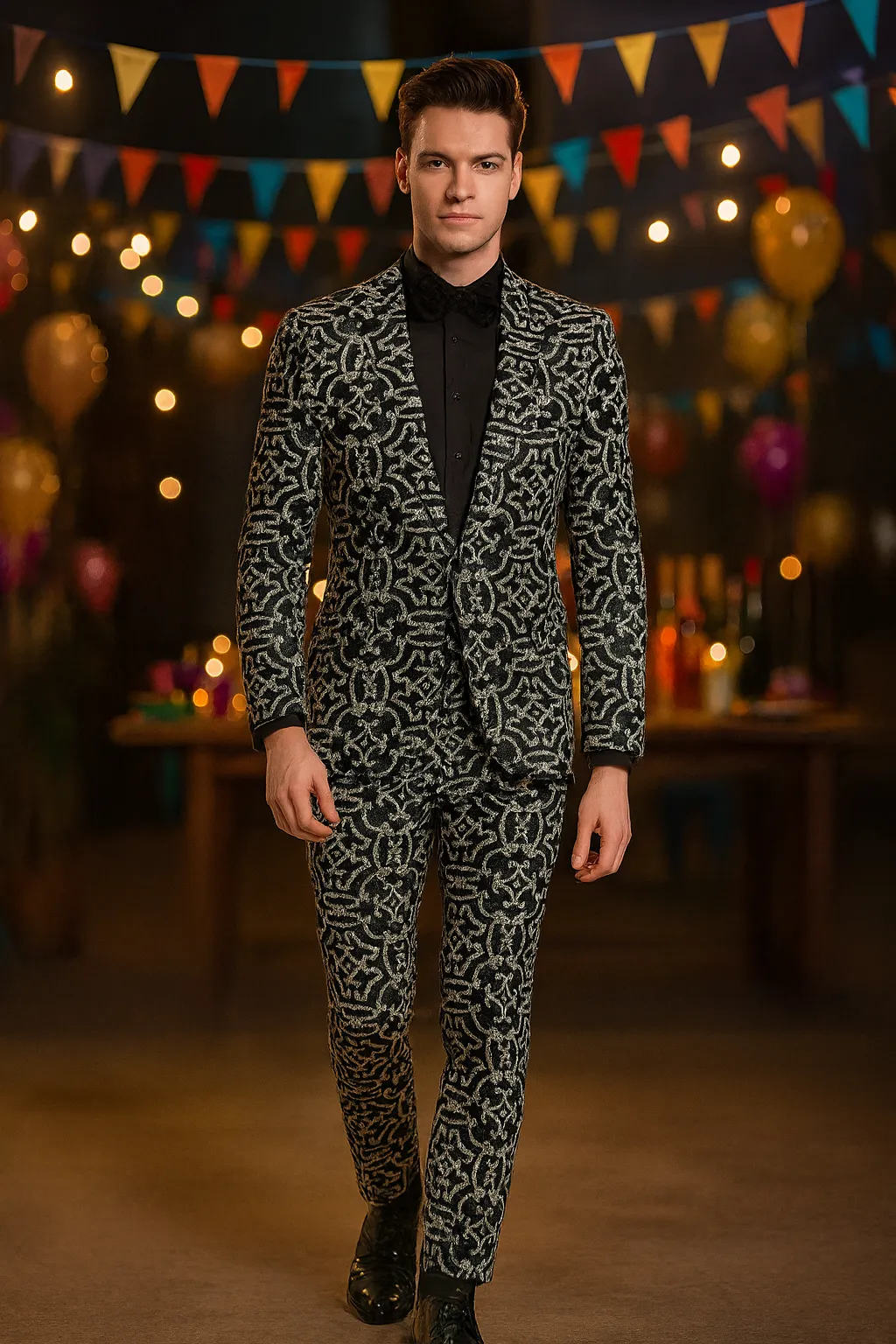 Mens Black and Silver Sequin Tuxedo Slim Fit 2-Piece Party and Wedding Suit with Sparkling Design- Black and White Color sold by Alberto Nardoni