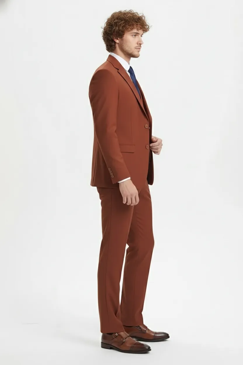 Mens Orangish Rust Brown Three-Piece Suit Slim Fit Jacket, Vest and Tailored Pants in Brick Color sold by Alberto Nardoni product image thumbnail 5