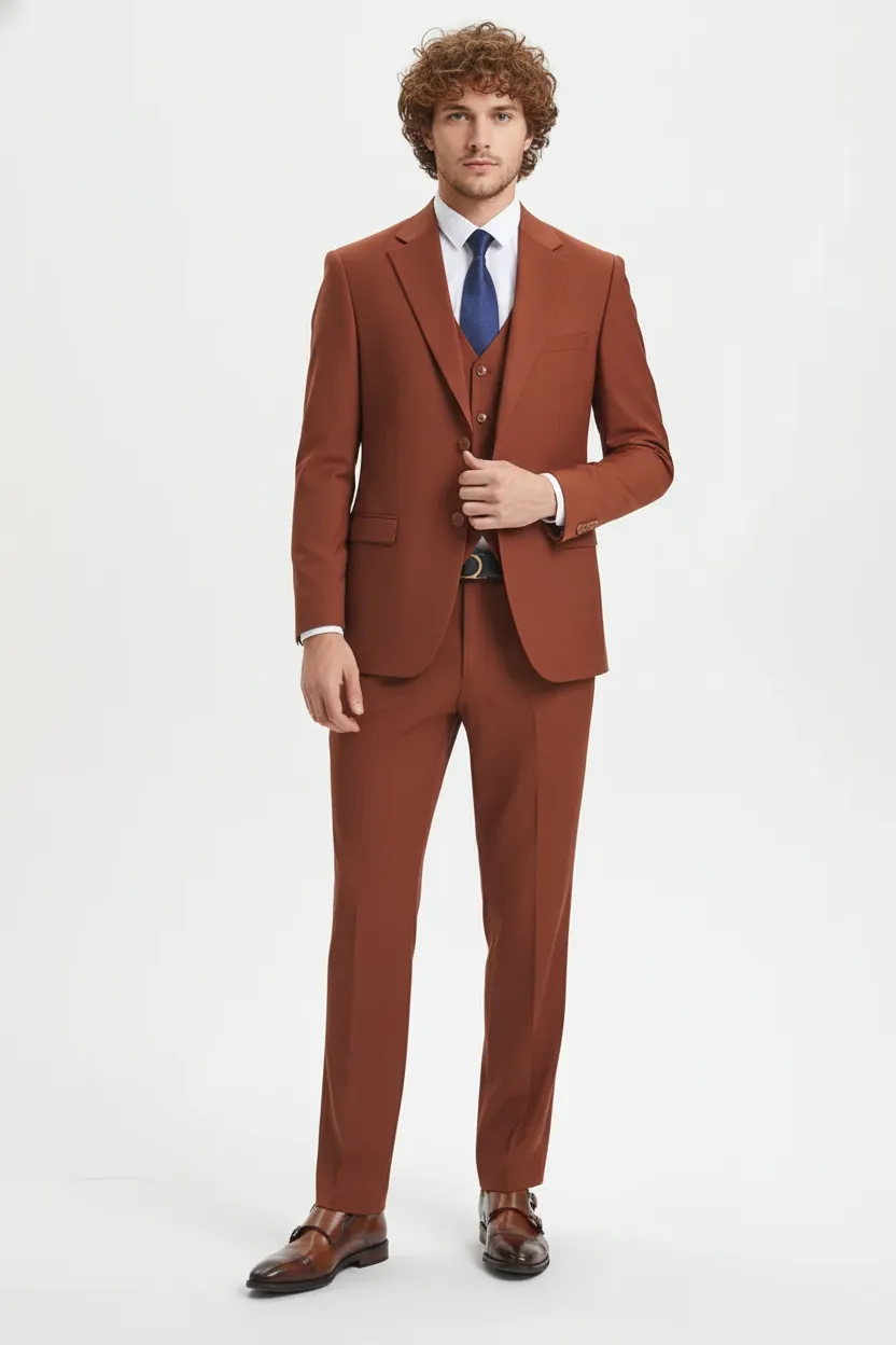 Mens Orangish Rust Brown Three-Piece Suit Slim Fit Jacket, Vest and Tailored Pants in Brick Color sold by Alberto Nardoni product image thumbnail 2