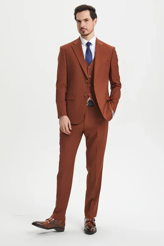 Mens Orangish Rust Brown Three-Piece Suit Slim Fit Jacket, Vest and Tailored Pants in Brick Color sold by Alberto Nardoni product image thumbnail 3