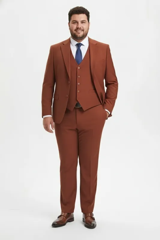 Mens Orangish Rust Brown Three-Piece Suit Slim Fit Jacket, Vest and Tailored Pants in Brick Color sold by Alberto Nardoni
