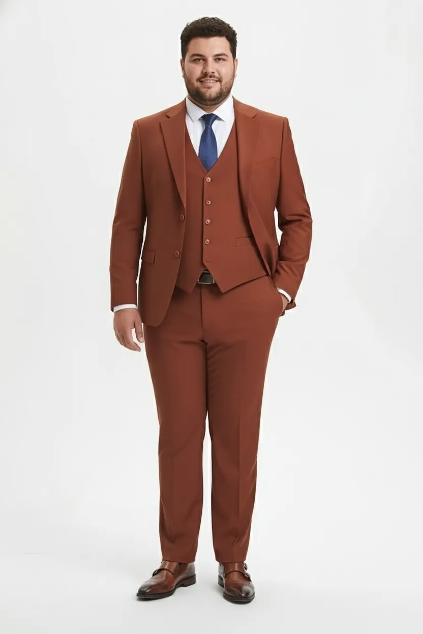 Mens Orangish Rust Brown Three-Piece Suit Slim Fit Jacket, Vest and Tailored Pants in Brick Color sold by Alberto Nardoni