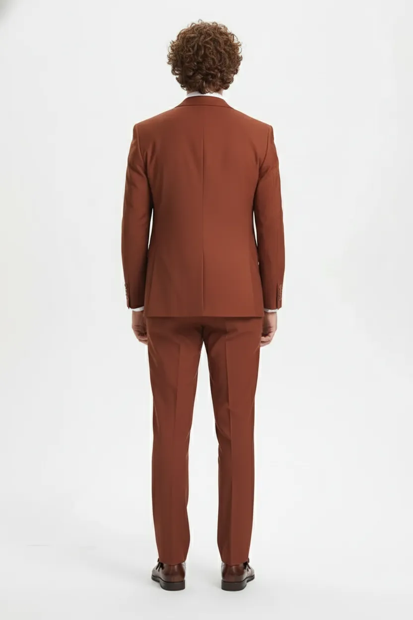 Mens Orangish Rust Brown Three-Piece Suit Slim Fit Jacket, Vest and Tailored Pants in Brick Color sold by Alberto Nardoni product image thumbnail 4