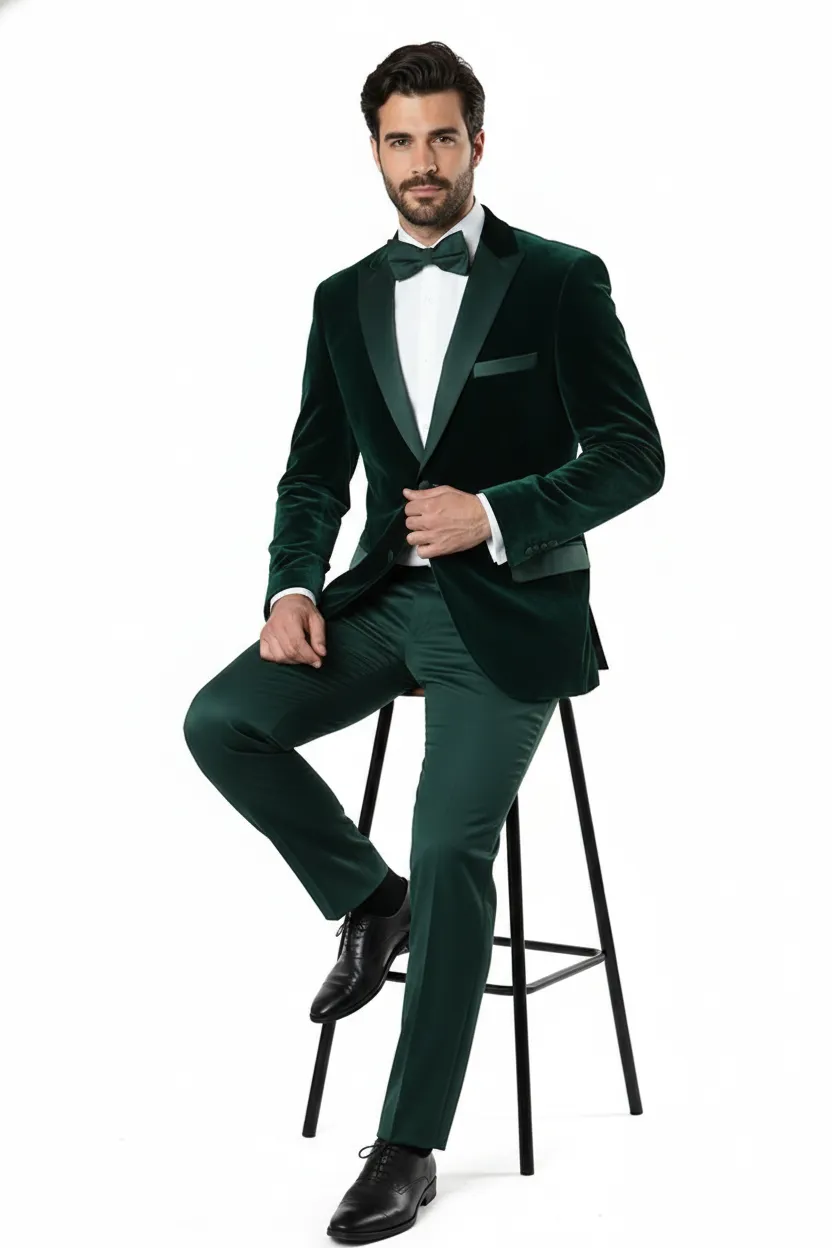 Mens Dark Green Velvet Tuxedo Dinner Jacket Slim Fit Formal Blazer with Satin Peak Lapel Lape sold by Alberto Nardoni product image thumbnail 5