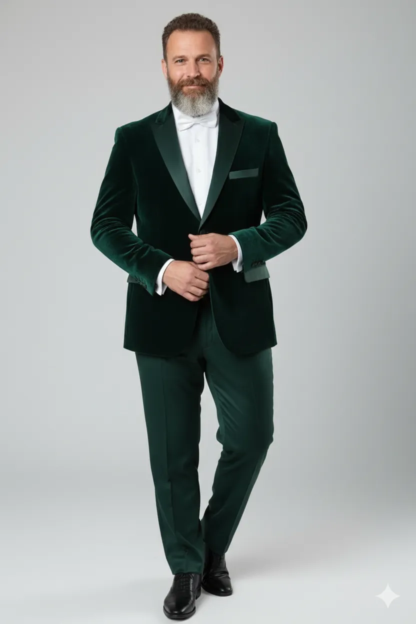 Mens Dark Green Velvet Tuxedo Dinner Jacket Slim Fit Formal Blazer with Satin Peak Lapel Lape sold by Alberto Nardoni product image thumbnail 2