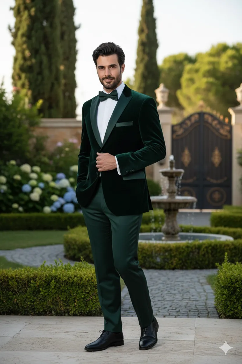 Mens Dark Green Velvet Tuxedo Dinner Jacket Slim Fit Formal Blazer with Satin Peak Lapel Lape sold by Alberto Nardoni product image thumbnail 4
