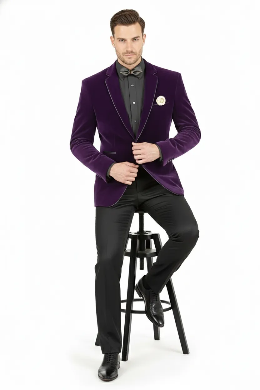 Mens Purple Velvet Blazer Luxury Slim Fit Formal Jacket with Black Satin Trim Tuxedo Dinner Jacket sold by Alberto Nardoni product image thumbnail 5