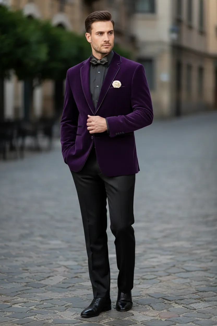 Mens Purple Velvet Blazer Luxury Slim Fit Formal Jacket with Black Satin Trim Tuxedo Dinner Jacket sold by Alberto Nardoni product image thumbnail 4