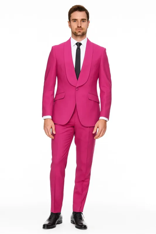 Mens Hot Pink Tuxedo Dinner Jacket + Pants with Shawl Lapel – Slim Fit 2-Piece Suit for Weddings, Proms Suit in Fuchsia Color sold by Alberto Nardoni