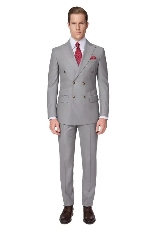 Mens Light Grey Double-Breasted Suit – Classic Slim Fit Business and Wedding Formal Attire sold by Alberto Nardoni