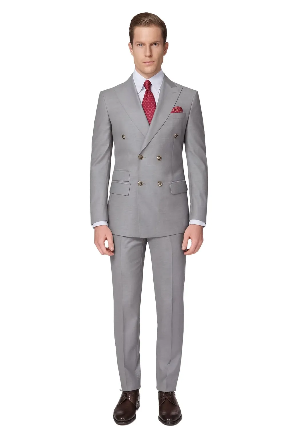 Mens Light Grey Double-Breasted Suit – Classic Slim Fit Business and Wedding Formal Attire sold by Alberto Nardoni