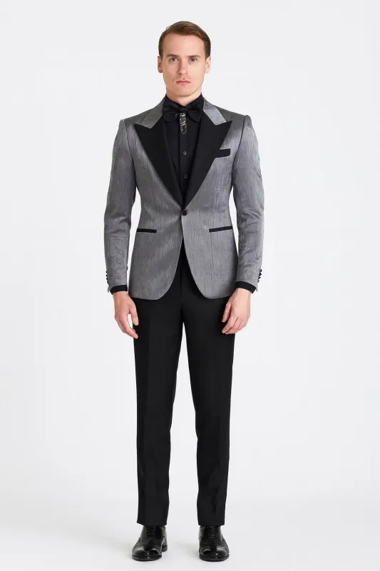Silver Metallic Tuxedo Suit with Black Satin Peak Lapel – Mens Slim Fit Formal Wedding and Prom Attire in Charcoal Grey With Pants sold by Alberto Nardoni