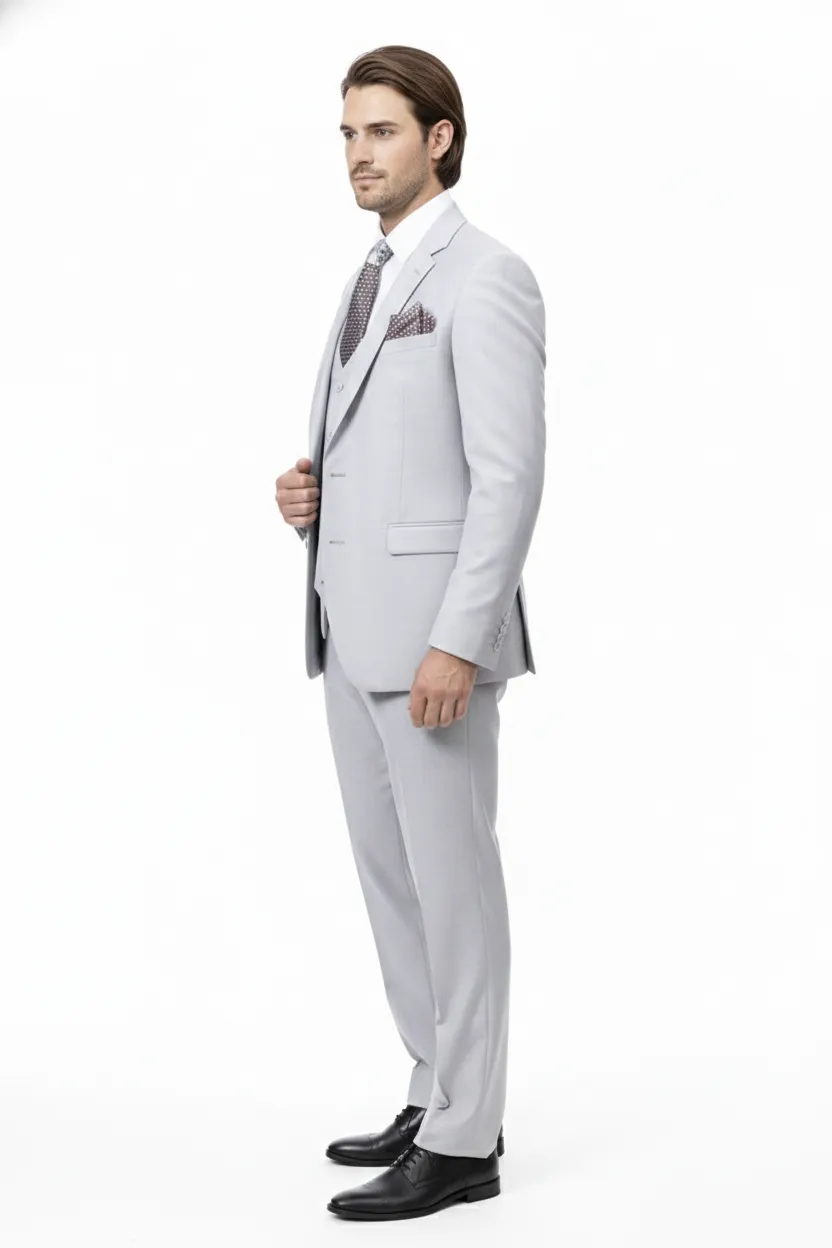 Men’s Very Light Gray Three-Piece Wedding Suit 2 Buttons Modern or Slim Fit Ash Bone Color Steel Grey sold by Alberto Nardoni product image thumbnail 5
