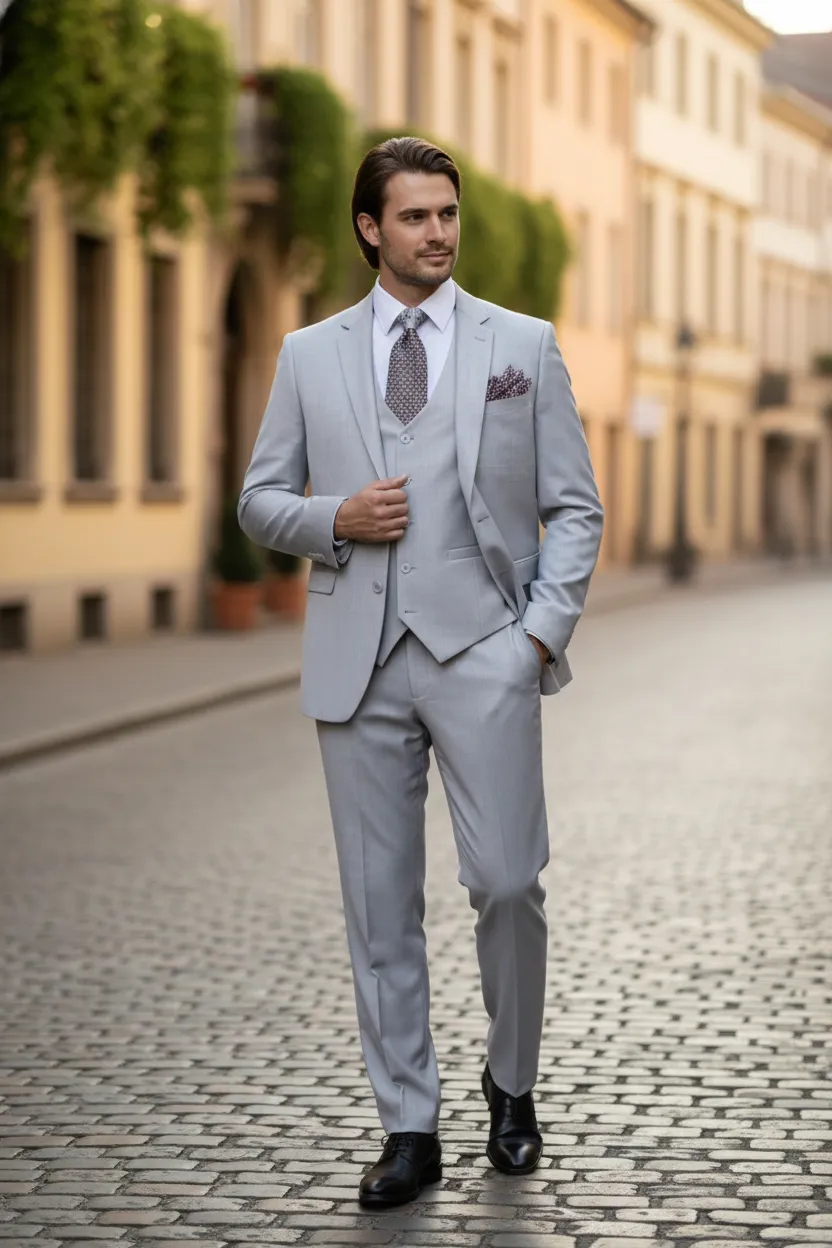 Men’s Very Light Gray Three-Piece Wedding Suit 2 Buttons Modern or Slim Fit Ash Bone Color Steel Grey sold by Alberto Nardoni product image thumbnail 3