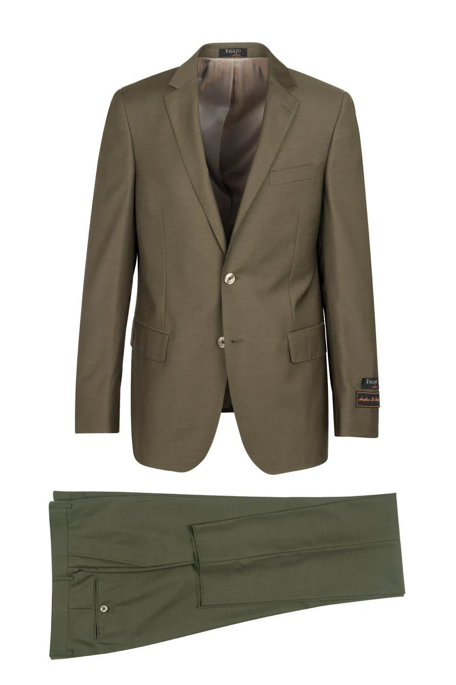 Tiglio Italian Suit - Real Wool Fabric Super 150's Novello Olive, Modern Fit Suit in Color Olive sold by Alberto Nardoni