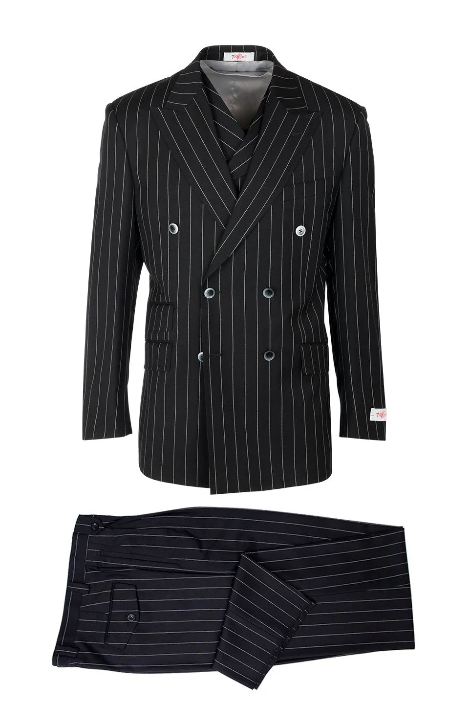 Tiglio Italian Suit - Real Wool Fabric Super 150's EST Pinstripe, Wide Leg Suit & Vest in Color Black sold by Alberto Nardoni