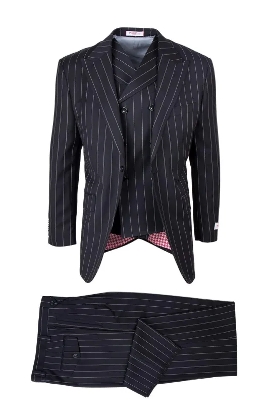 Tiglio Italian Suit - Real Wool Fabric Super 150's San Giovesse Black Bold Pinstripe, Wide Leg Suit & Vest in Color Black sold by Alberto Nardoni