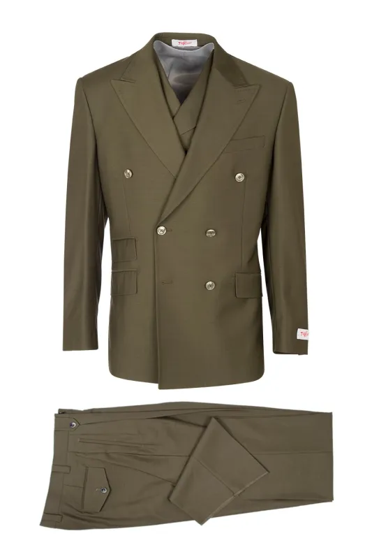 Tiglio Italian Suit - Real Wool Fabric Super 150's EST Olive, Wide Leg Suit & Vest in Color Olive sold by Alberto Nardoni