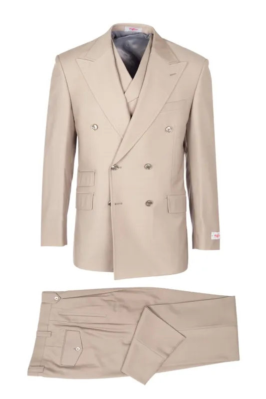 Tiglio Italian Suit - Real Wool Fabric Super 150's EST Tan, Wide Leg Suit & Vest in Color Beige sold by Alberto Nardoni
