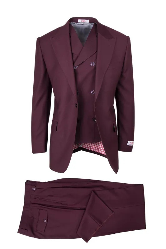 Tiglio Italian Suit - Real Wool Fabric Super 150's San Giovesse Burgundy, Wide Leg Suit & Vest in Color Burgundy sold by Alberto Nardoni