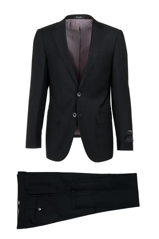 Tiglio Italian Suit - Real Wool Fabric Super 150's Porto Black, Slim Fit Suit in Color Black sold by Alberto Nardoni
