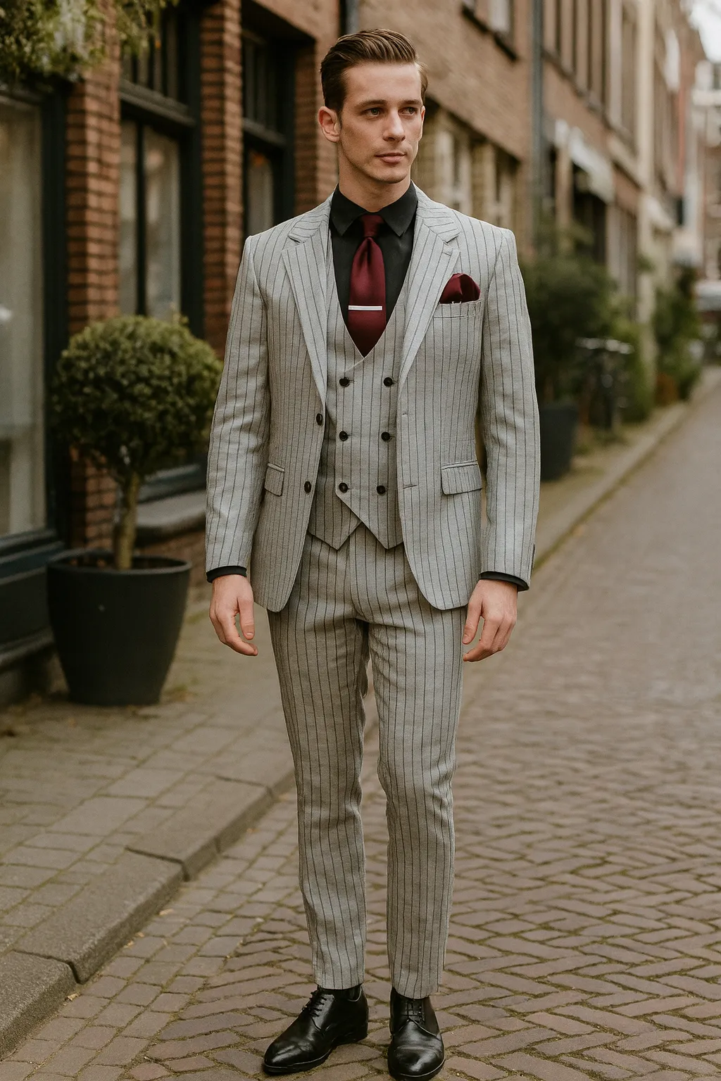 Men’s 3-Piece Light Grey Pinstripe Suit with Vest – Classic Business, Wedding, and Formal Attire sold by Alberto Nardoni