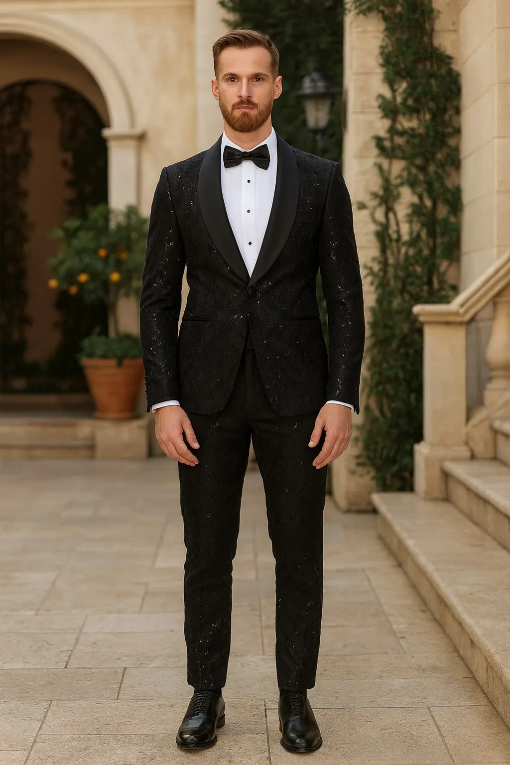Black Sequin Tuxedo Suit with Satin Shawl Lapel – Mens Slim Fit Formal Prom and Wedding Attire sold by Alberto Nardoni product image thumbnail 4