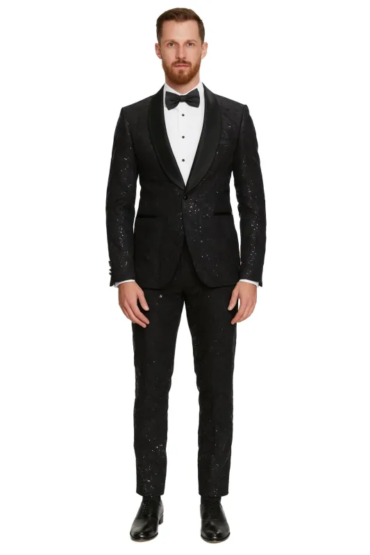 Black Sequin Tuxedo Suit with Satin Shawl Lapel – Mens Slim Fit Formal Prom and Wedding Attire sold by Alberto Nardoni
