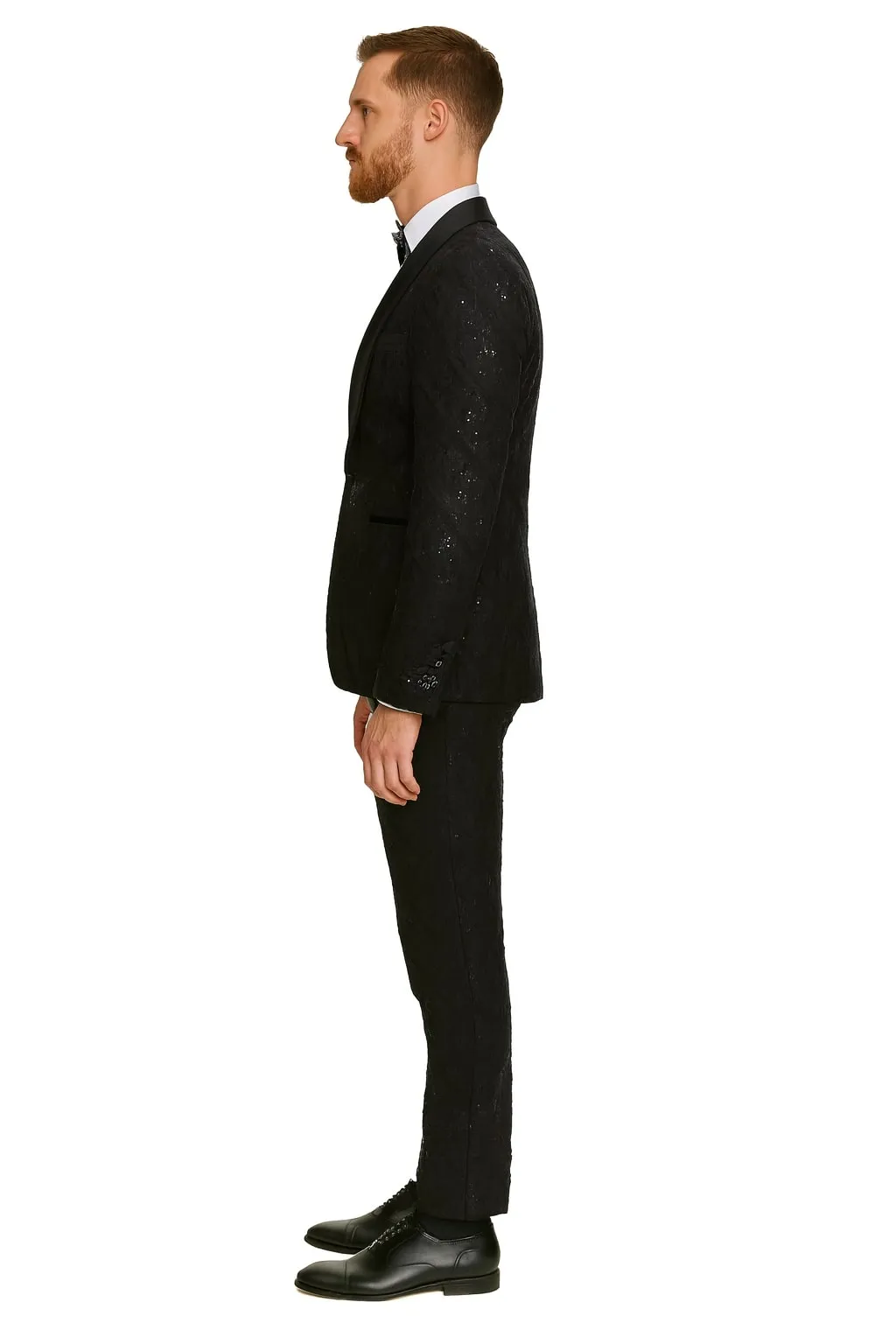 Black Sequin Tuxedo Suit with Satin Shawl Lapel – Mens Slim Fit Formal Prom and Wedding Attire sold by Alberto Nardoni product image thumbnail 3
