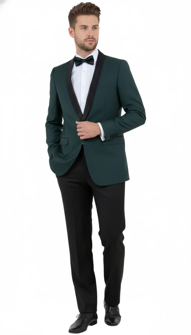 Men’s Green Tuxedo Suit – Slim Fit Jacket with Black Satin Shawl Lapel and Black Pants in Hunter Green sold by Alberto Nardoni product image thumbnail 2