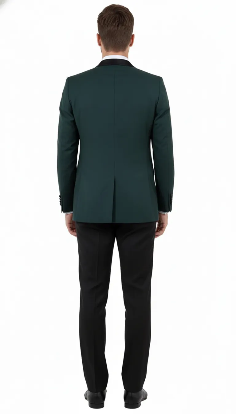 Men’s Green Tuxedo Suit – Slim Fit Jacket with Black Satin Shawl Lapel and Black Pants in Hunter Green sold by Alberto Nardoni product image thumbnail 3