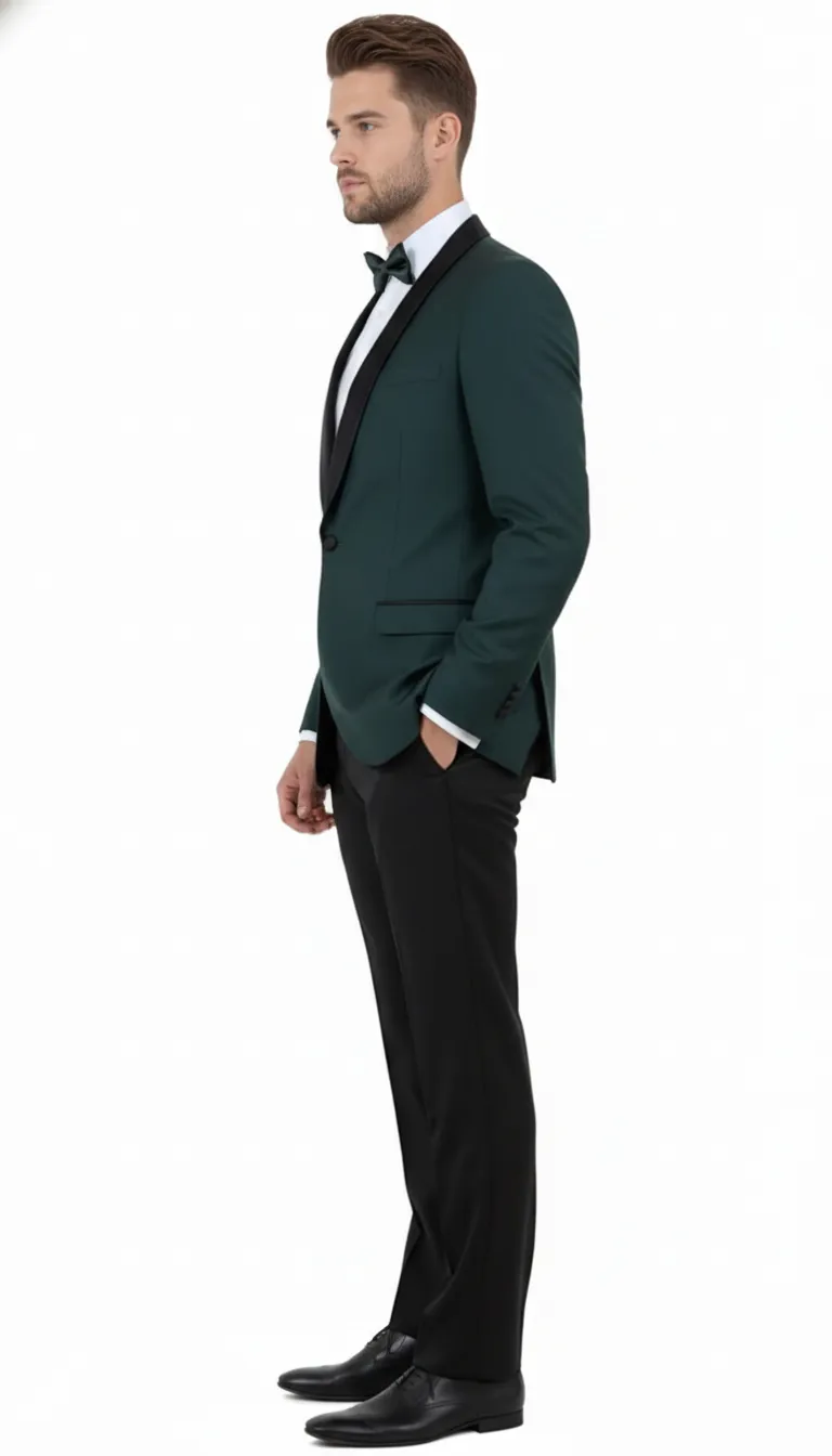 Men’s Green Tuxedo Suit – Slim Fit Jacket with Black Satin Shawl Lapel and Black Pants in Hunter Green sold by Alberto Nardoni product image thumbnail 4