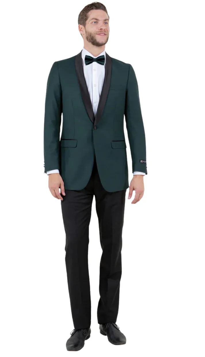Men’s Green Tuxedo Suit – Slim Fit Jacket with Black Satin Shawl Lapel and Black Pants in Hunter Green sold by Alberto Nardoni