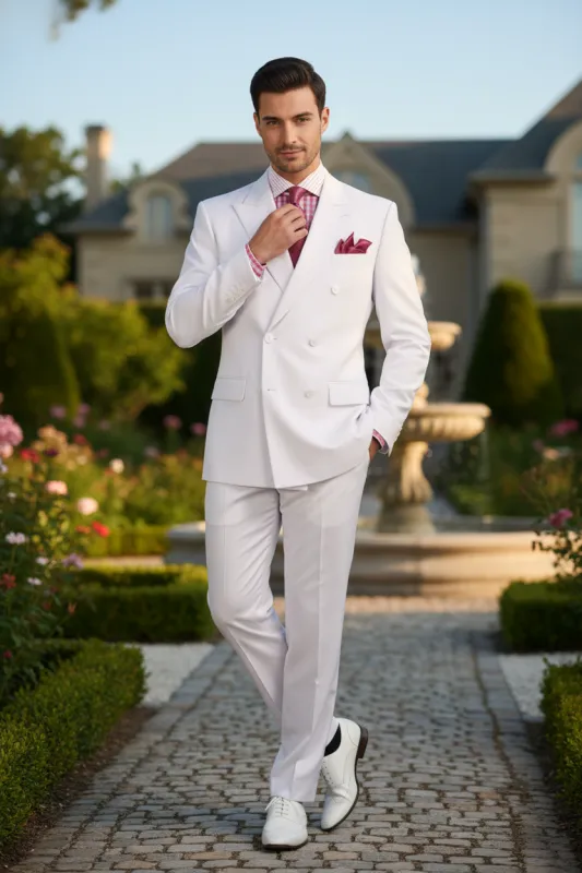 Mens White Double-Breasted 3-Piece Suit Set Premium Tailored Fit Formal Wedding and Evening Suit sold by Alberto Nardoni