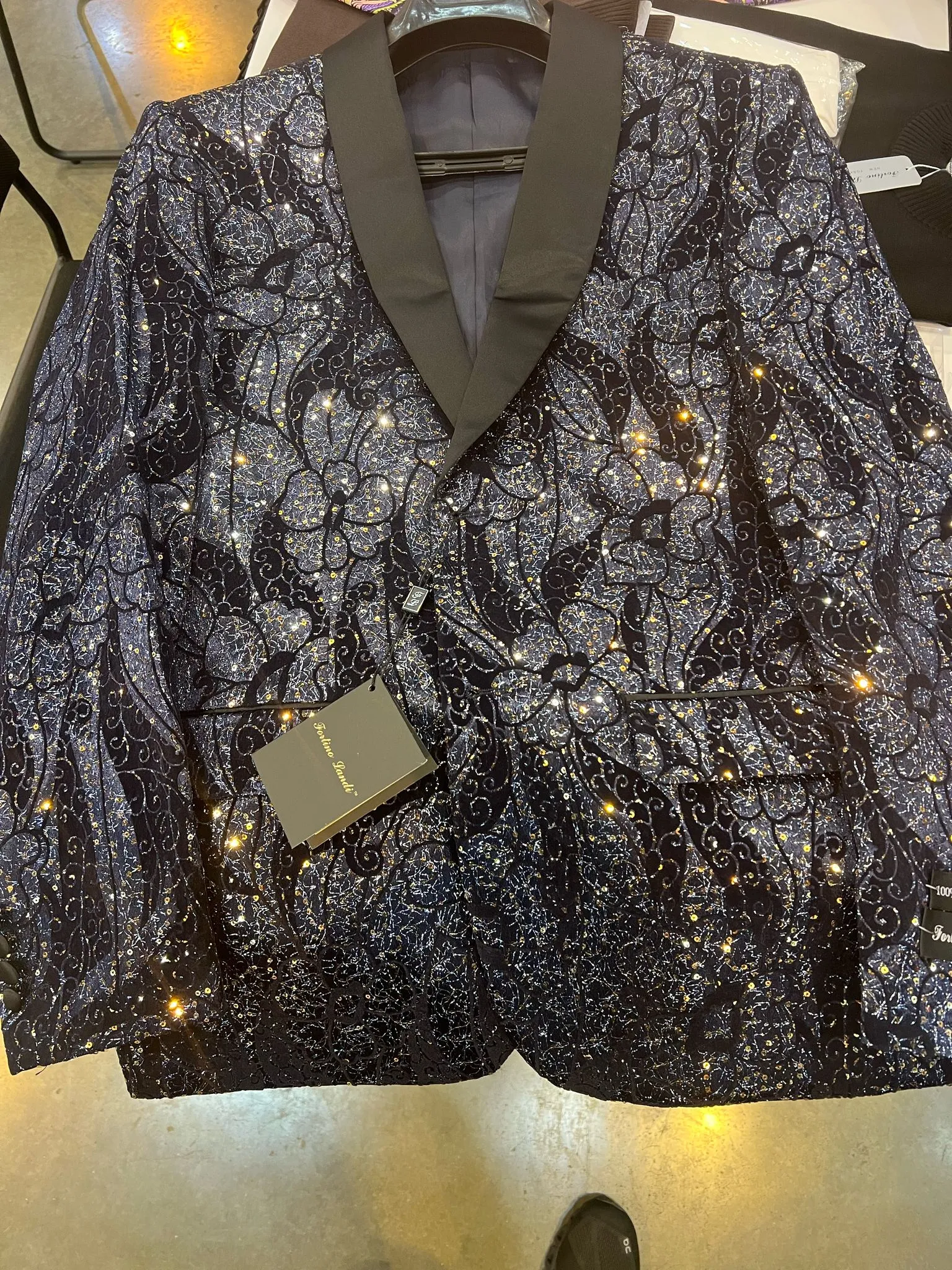 Mens Navy Black Glitter Floral Tuxedo Dinner Jacket with Satin Lapel- Blue Blazer Sequin Fabric sold by Alberto Nardoni product image thumbnail 4
